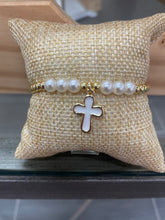 Gold balls bracelet w/pearls and cross charm