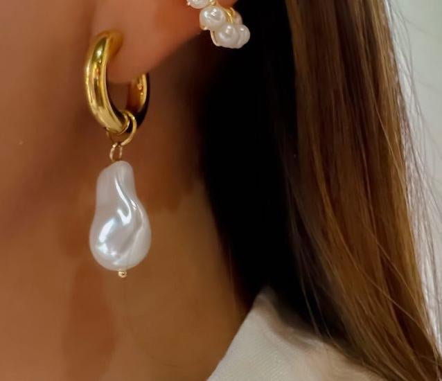 Gold Hoops with Large Pearl Stone