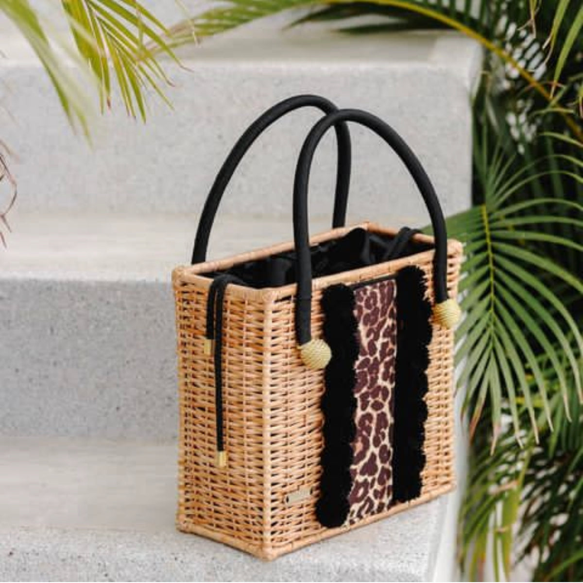 Black & leopard large whicker bag
