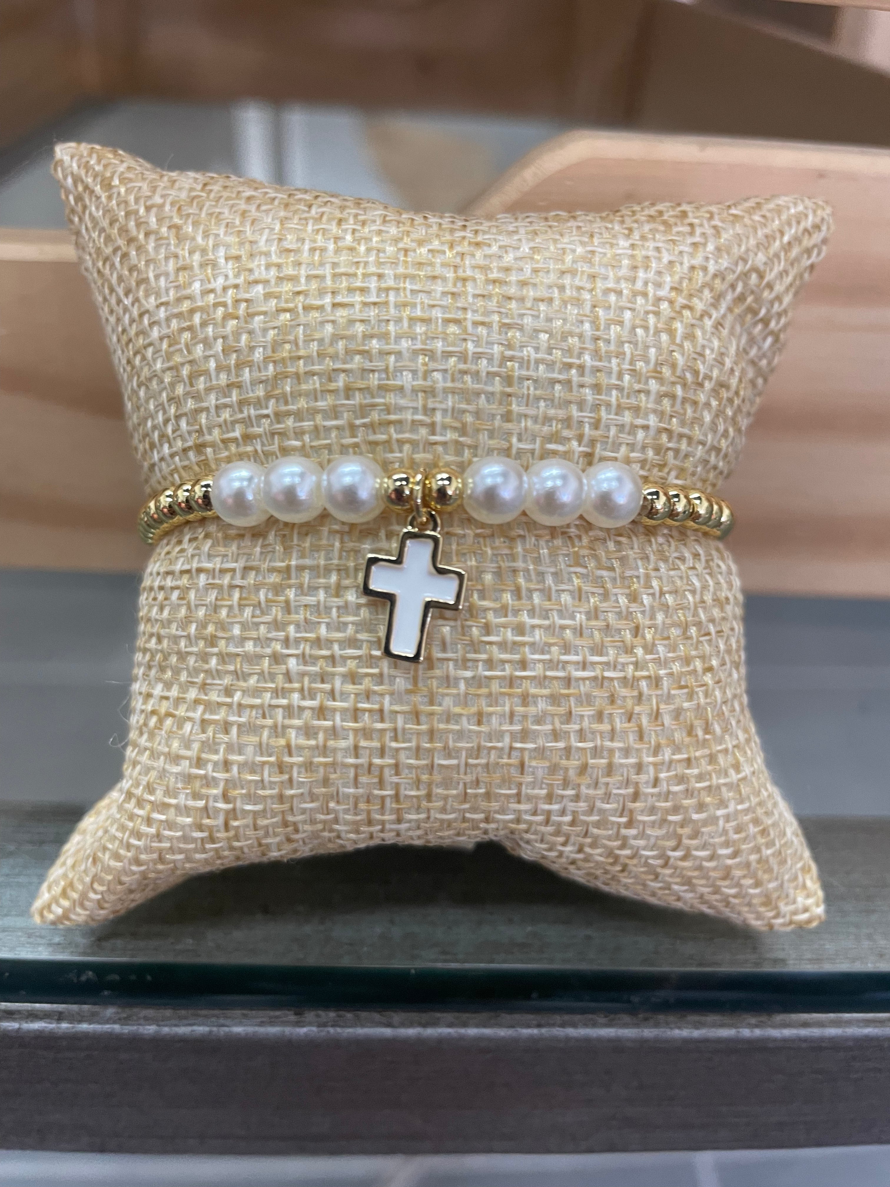 Gold balls bracelet w/pearls and cross charm