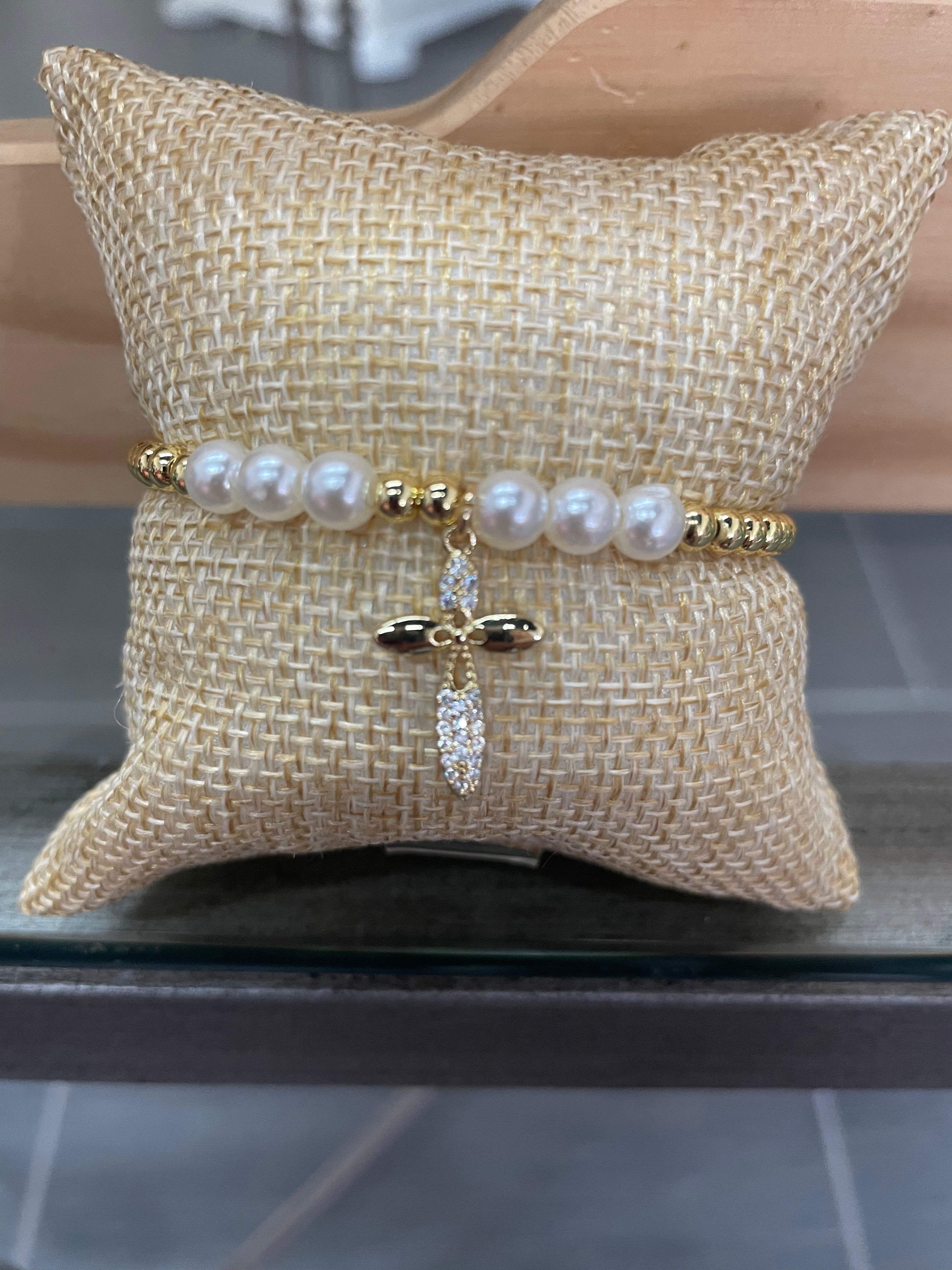 Gold balls bracelet w/pearls and cross charm