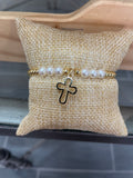 Gold balls bracelet w/pearls and cross charm