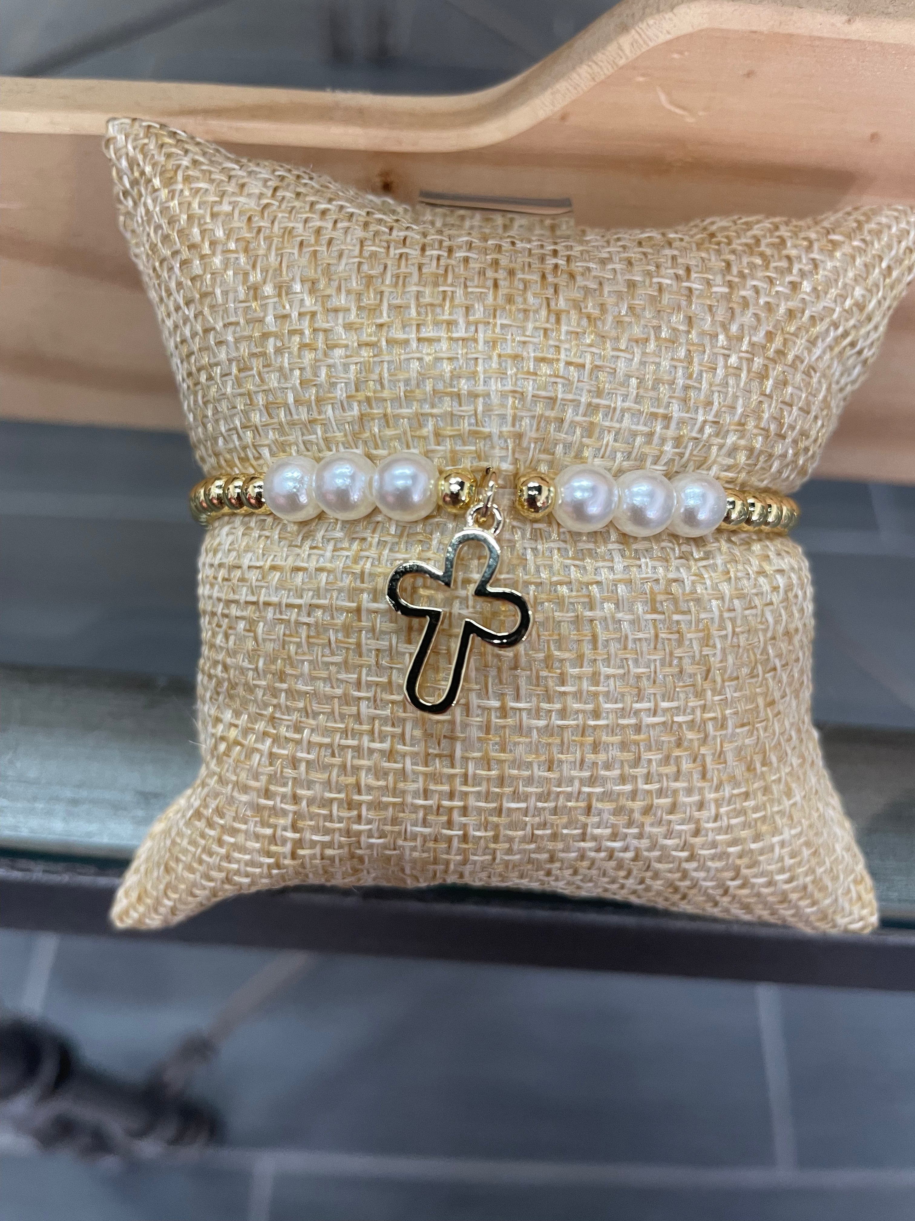 Gold balls bracelet w/pearls and cross charm