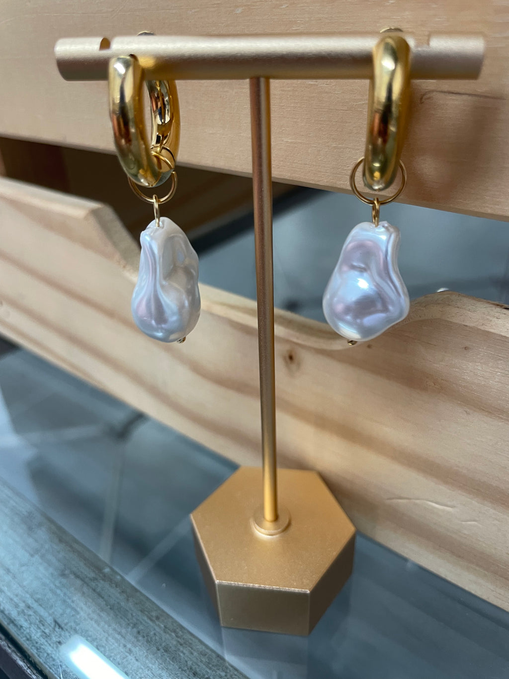 Gold Hoops with Large Pearl Stone